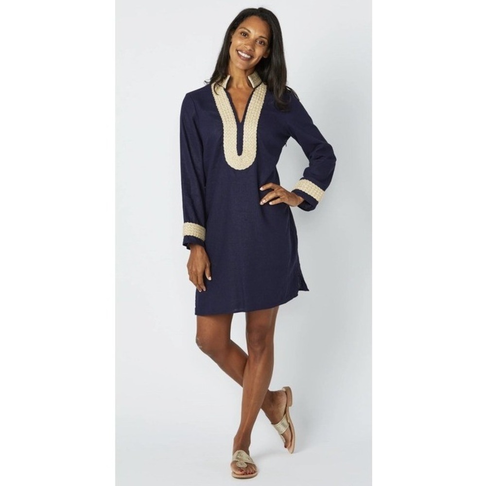 Sail to Sable Tunic Dress Women XL Blue Linen Blend Gold Braided Trim Nautical